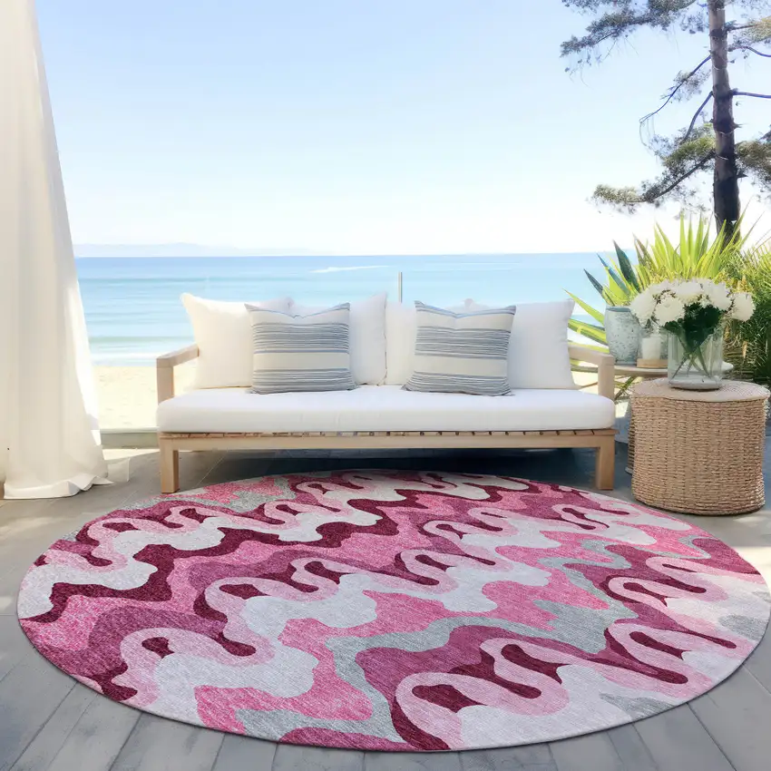 8' Blush Pink And Mauve Round Abstract Washable Indoor Outdoor Area Rug Photo 6