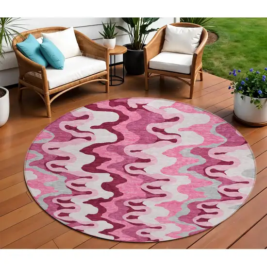 8' Blush Pink And Mauve Round Abstract Washable Indoor Outdoor Area Rug Photo 1