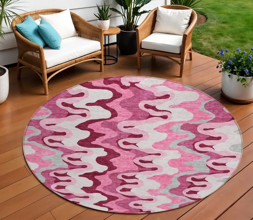 8' Blush Pink And Mauve Round Abstract Washable Indoor Outdoor Area Rug Photo 1