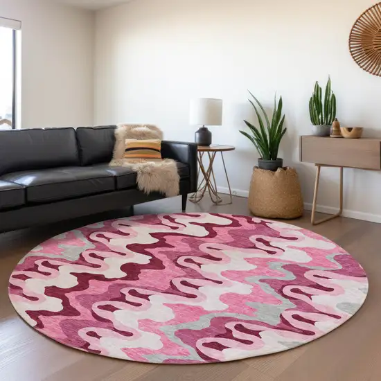 8' Blush Pink And Mauve Round Abstract Washable Indoor Outdoor Area Rug Photo 7