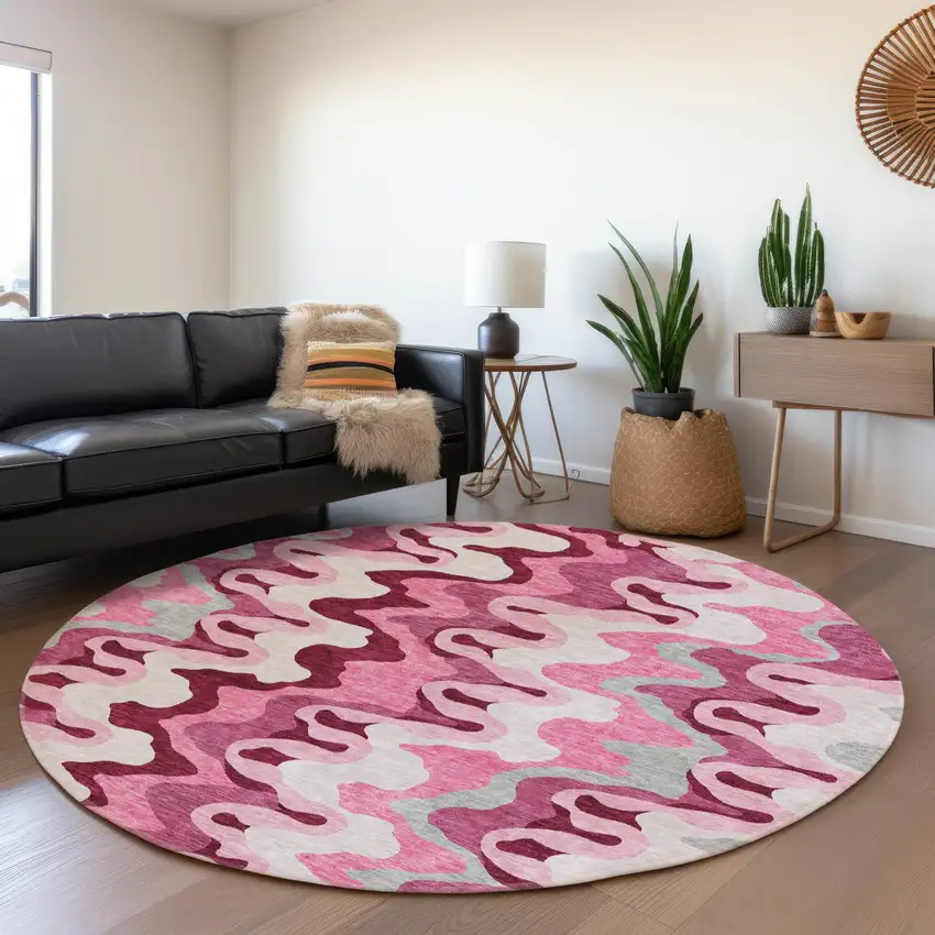 8' Blush Pink And Mauve Round Abstract Washable Indoor Outdoor Area Rug Photo 7