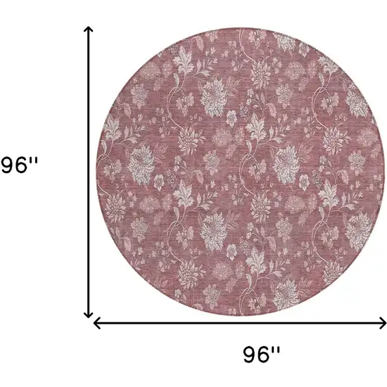 8' Blush Pink And Mauve Round Floral Washable Indoor Outdoor Area Rug Photo 3