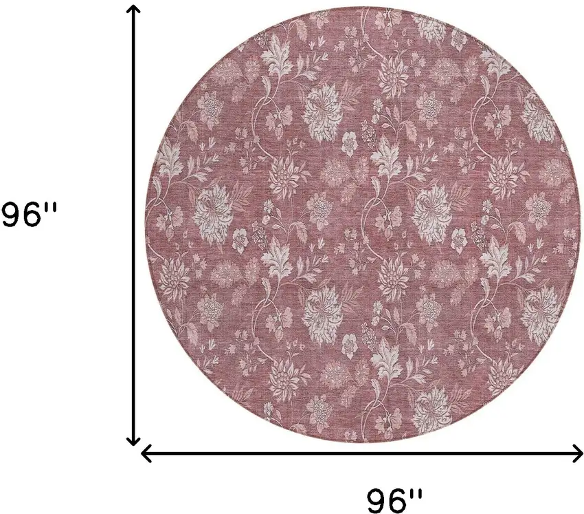 8' Blush Pink And Mauve Round Floral Washable Indoor Outdoor Area Rug Photo 3