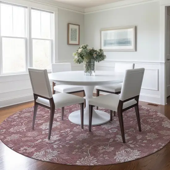 8' Blush Pink And Mauve Round Floral Washable Indoor Outdoor Area Rug Photo 7