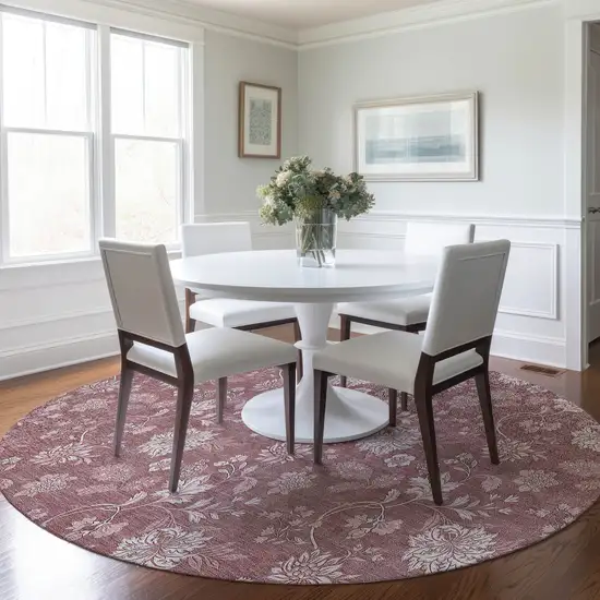 8' Blush Pink And Mauve Round Floral Washable Indoor Outdoor Area Rug Photo 7