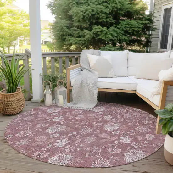 8' Blush Pink And Mauve Round Floral Washable Indoor Outdoor Area Rug Photo 6