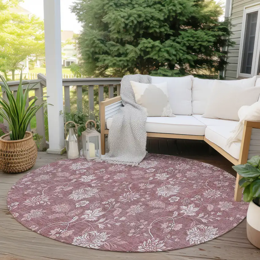 8' Blush Pink And Mauve Round Floral Washable Indoor Outdoor Area Rug Photo 6