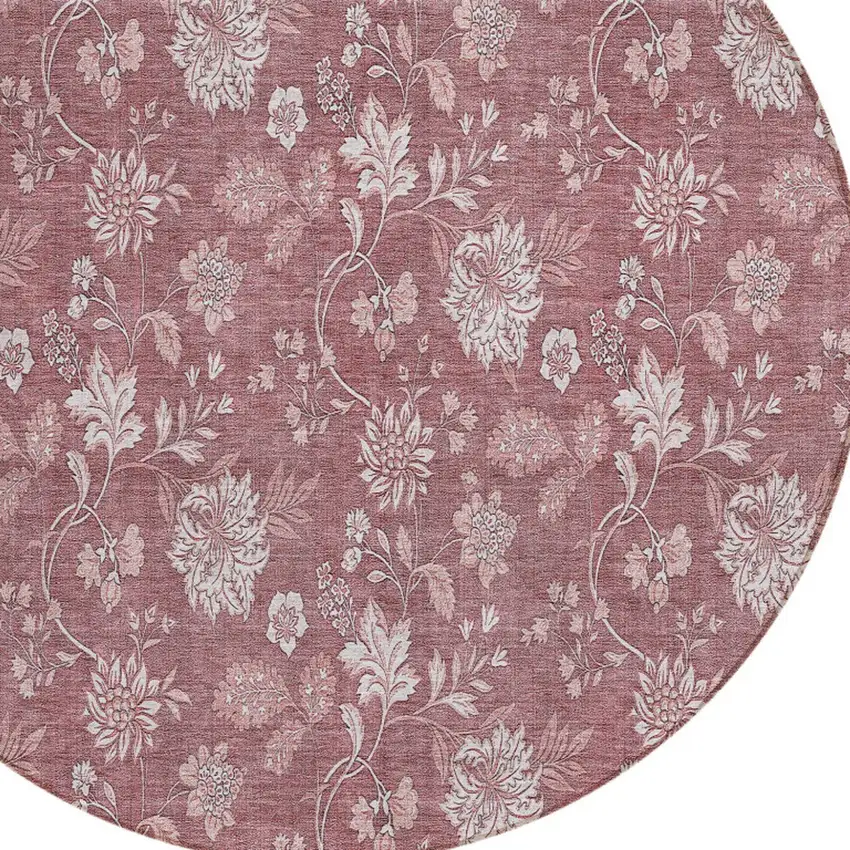 8' Blush Pink And Mauve Round Floral Washable Indoor Outdoor Area Rug Photo 4
