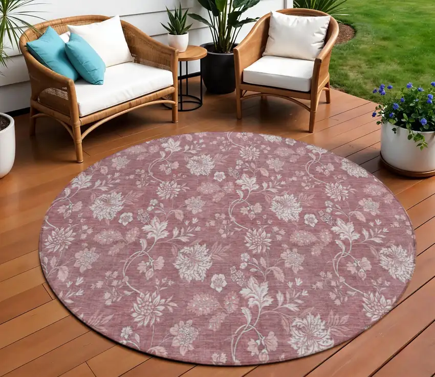 8' Blush Pink And Mauve Round Floral Washable Indoor Outdoor Area Rug Photo 1