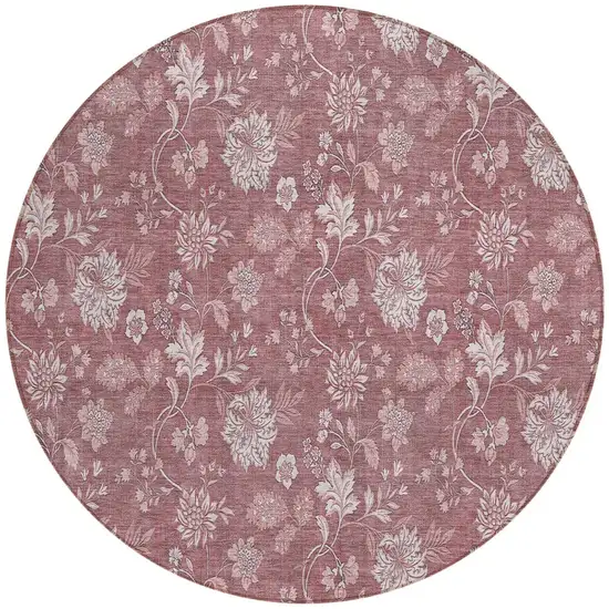 8' Blush Pink And Mauve Round Floral Washable Indoor Outdoor Area Rug Photo 5