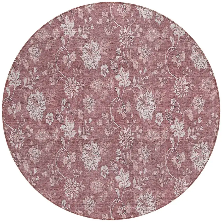 8' Blush Pink And Mauve Round Floral Washable Indoor Outdoor Area Rug Photo 5