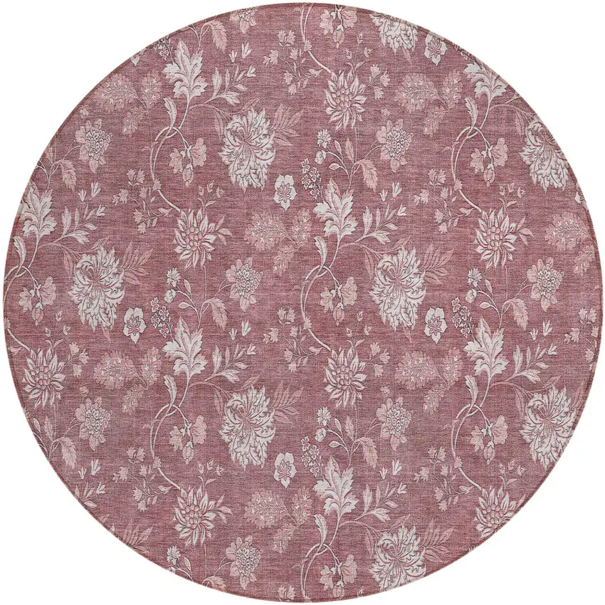 8' Blush Pink And Mauve Round Floral Washable Indoor Outdoor Area Rug Photo 2