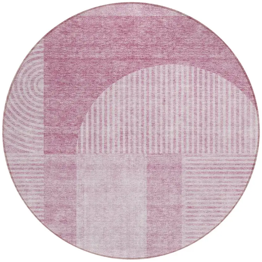 8' Blush Pink And Mauve Round Geometric Washable Indoor Outdoor Area Rug Photo 5