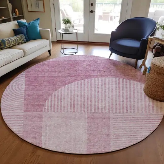 8' Blush Pink And Mauve Round Geometric Washable Indoor Outdoor Area Rug Photo 7