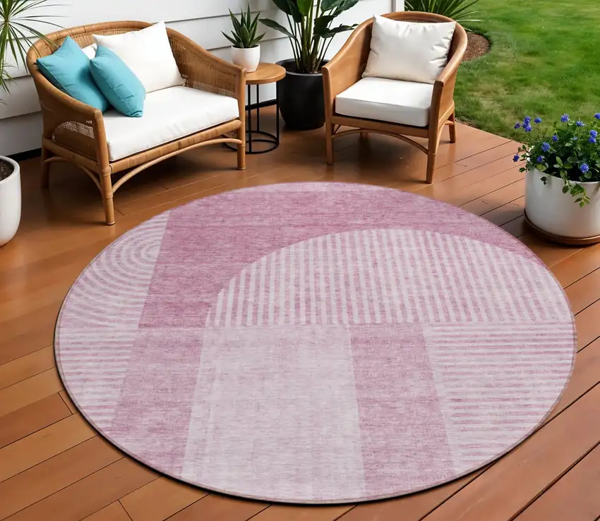 8' Blush Pink And Mauve Round Geometric Washable Indoor Outdoor Area Rug Photo 1