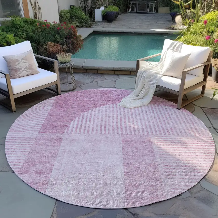 8' Blush Pink And Mauve Round Geometric Washable Indoor Outdoor Area Rug Photo 6