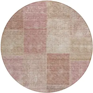 Photo of 8' Blush Pink And Mauve Round Patchwork Washable Indoor Outdoor Area Rug