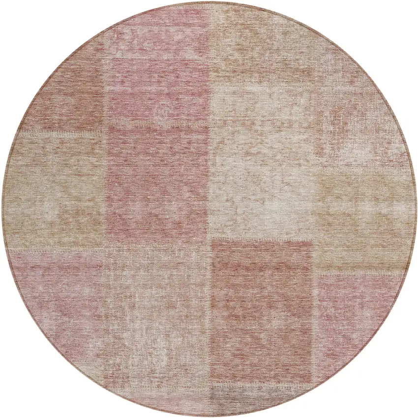 8' Blush Pink And Mauve Round Patchwork Washable Indoor Outdoor Area Rug Photo 2