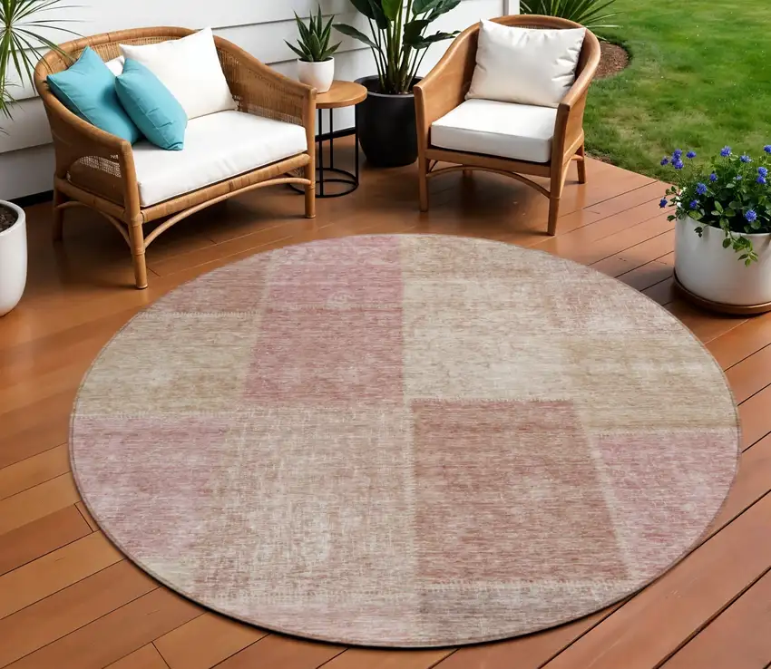 8' Blush Pink And Mauve Round Patchwork Washable Indoor Outdoor Area Rug Photo 1