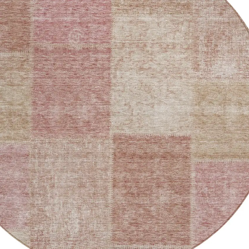 8' Blush Pink And Mauve Round Patchwork Washable Indoor Outdoor Area Rug Photo 4
