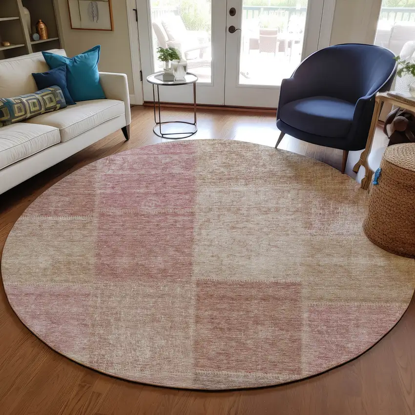 8' Blush Pink And Mauve Round Patchwork Washable Indoor Outdoor Area Rug Photo 7