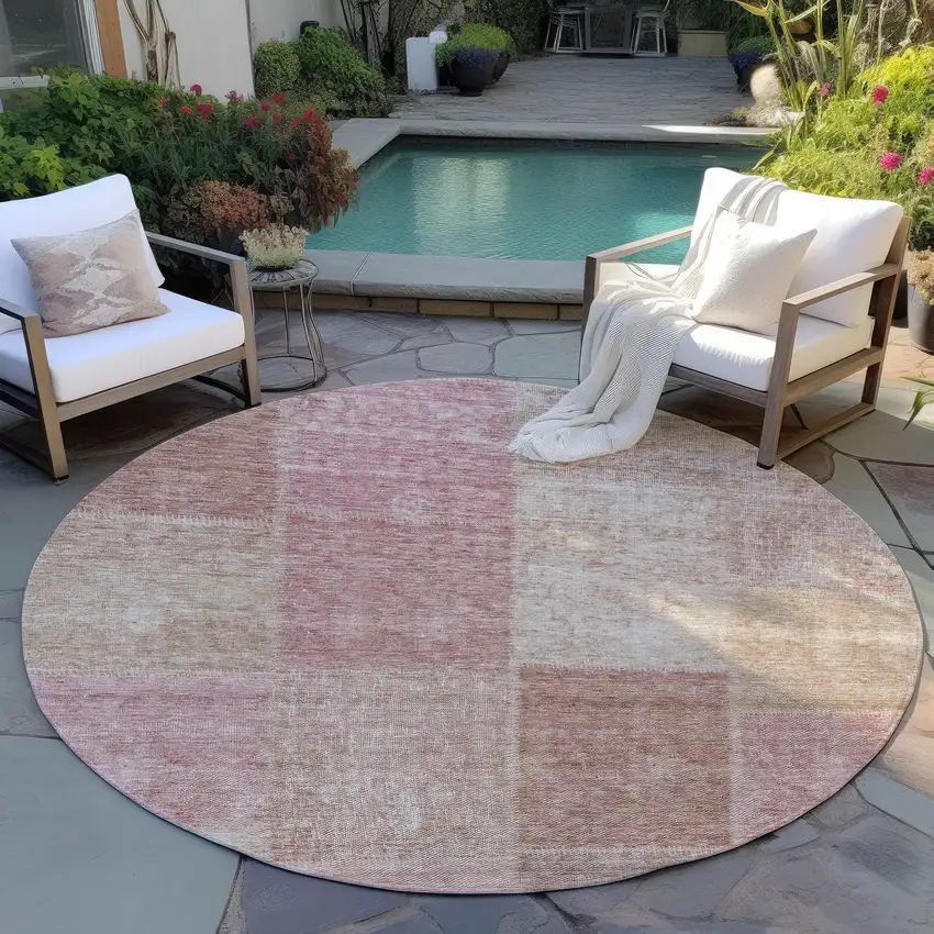 8' Blush Pink And Mauve Round Patchwork Washable Indoor Outdoor Area Rug Photo 6