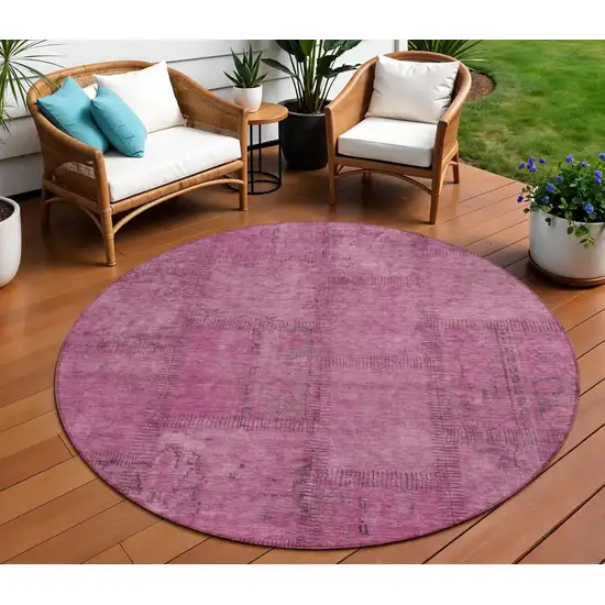 8' Blush Pink And Mauve Round Patchwork Washable Indoor Outdoor Area Rug Photo 1