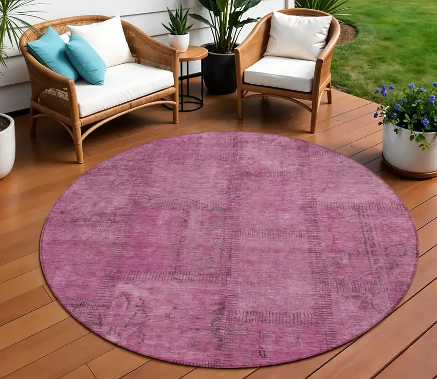 8' Blush Pink And Mauve Round Patchwork Washable Indoor Outdoor Area Rug Photo 1
