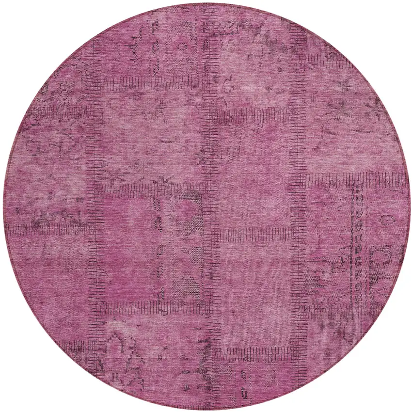8' Blush Pink And Mauve Round Patchwork Washable Indoor Outdoor Area Rug Photo 2