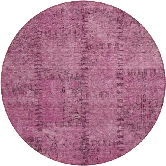 8' Blush Pink And Mauve Round Patchwork Washable Indoor Outdoor Area Rug Photo 2