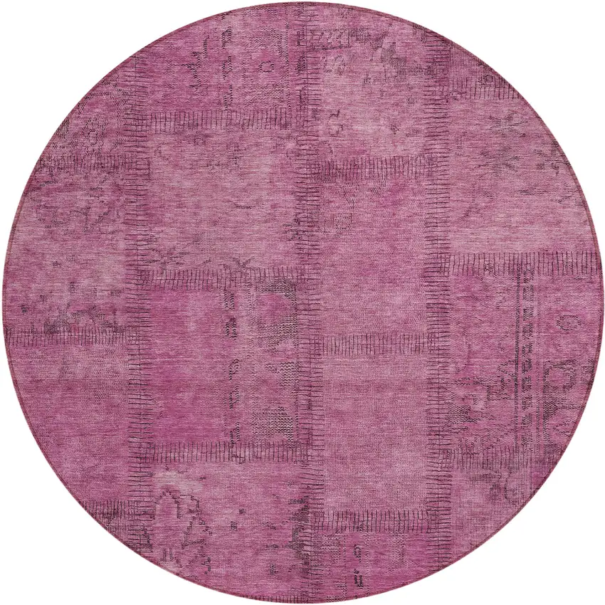 8' Blush Pink And Mauve Round Patchwork Washable Indoor Outdoor Area Rug Photo 2