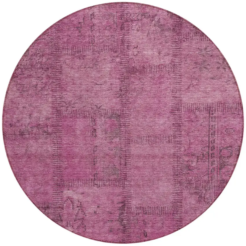 8' Blush Pink And Mauve Round Patchwork Washable Indoor Outdoor Area Rug Photo 5