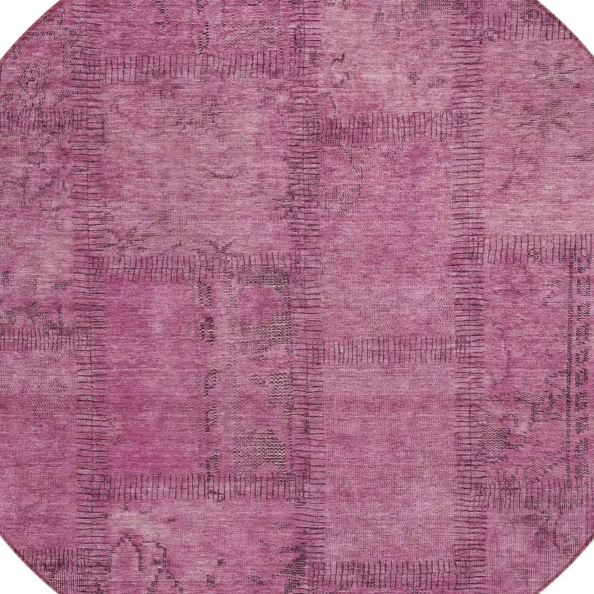 8' Blush Pink And Mauve Round Patchwork Washable Indoor Outdoor Area Rug Photo 4