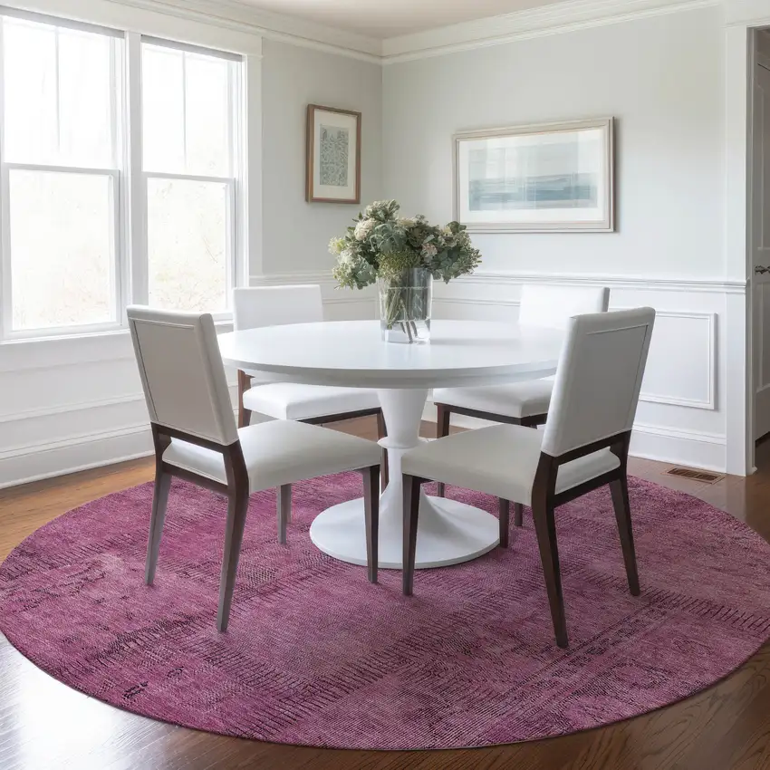 8' Blush Pink And Mauve Round Patchwork Washable Indoor Outdoor Area Rug Photo 7