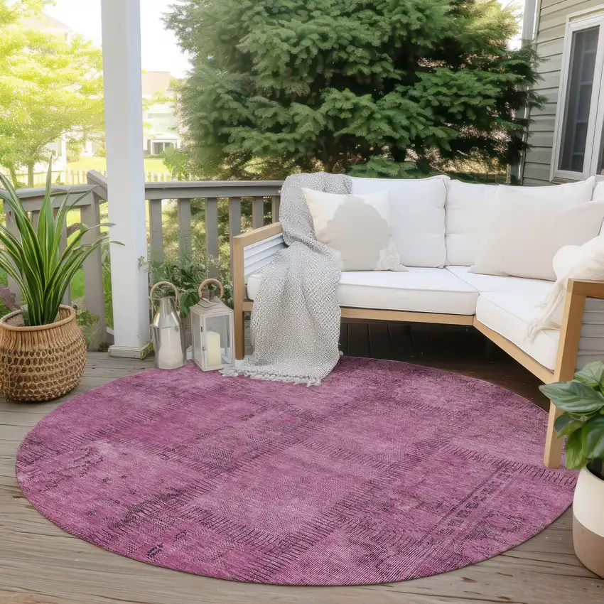 8' Blush Pink And Mauve Round Patchwork Washable Indoor Outdoor Area Rug Photo 6
