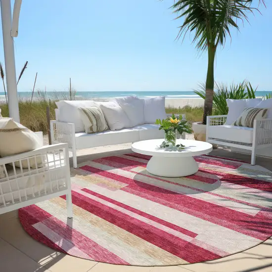 8' Blush Pink And Mauve Round Striped Washable Indoor Outdoor Area Rug Photo 7