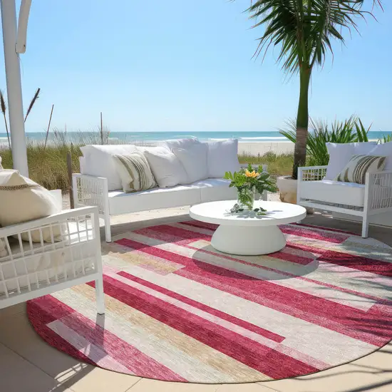 8' Blush Pink And Mauve Round Striped Washable Indoor Outdoor Area Rug Photo 7