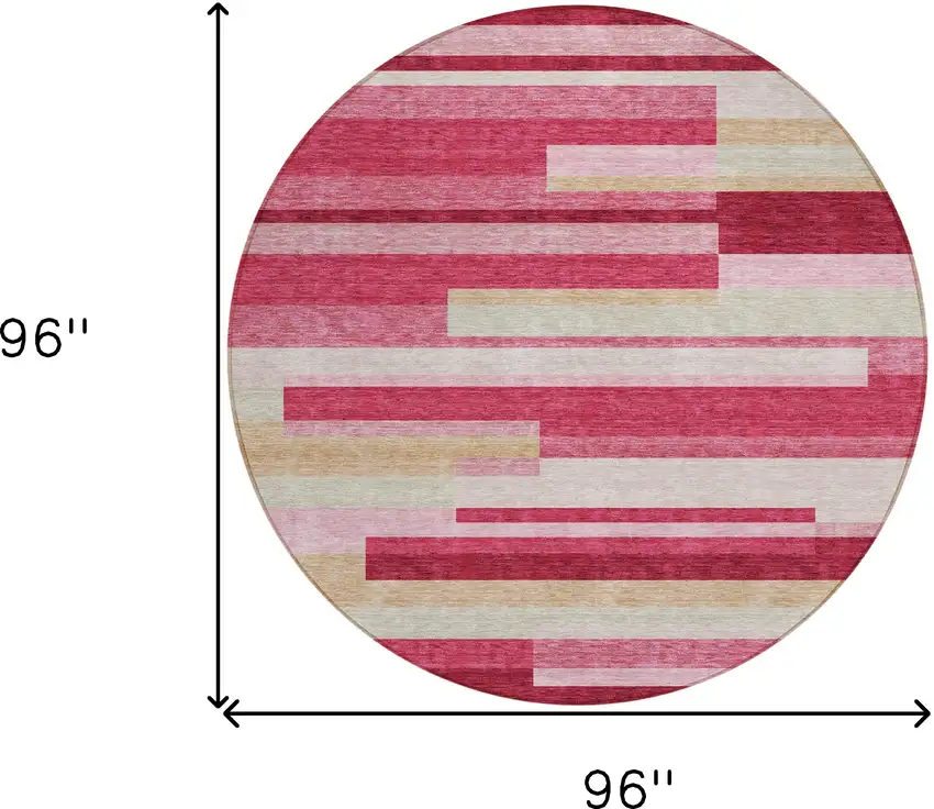 8' Blush Pink And Mauve Round Striped Washable Indoor Outdoor Area Rug Photo 9