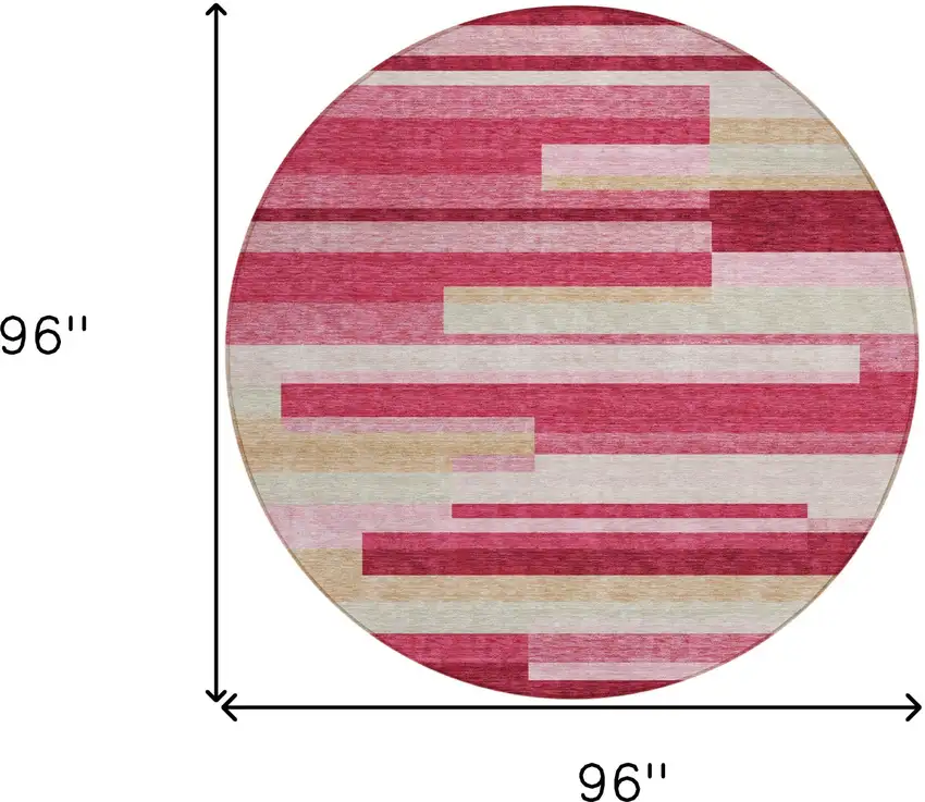 8' Blush Pink And Mauve Round Striped Washable Indoor Outdoor Area Rug Photo 9