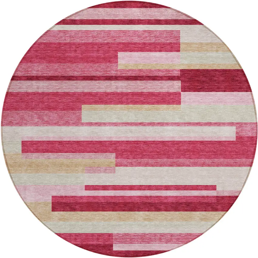 8' Blush Pink And Mauve Round Striped Washable Indoor Outdoor Area Rug Photo 1