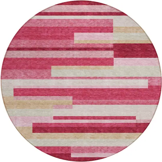 8' Blush Pink And Mauve Round Striped Washable Indoor Outdoor Area Rug Photo 1