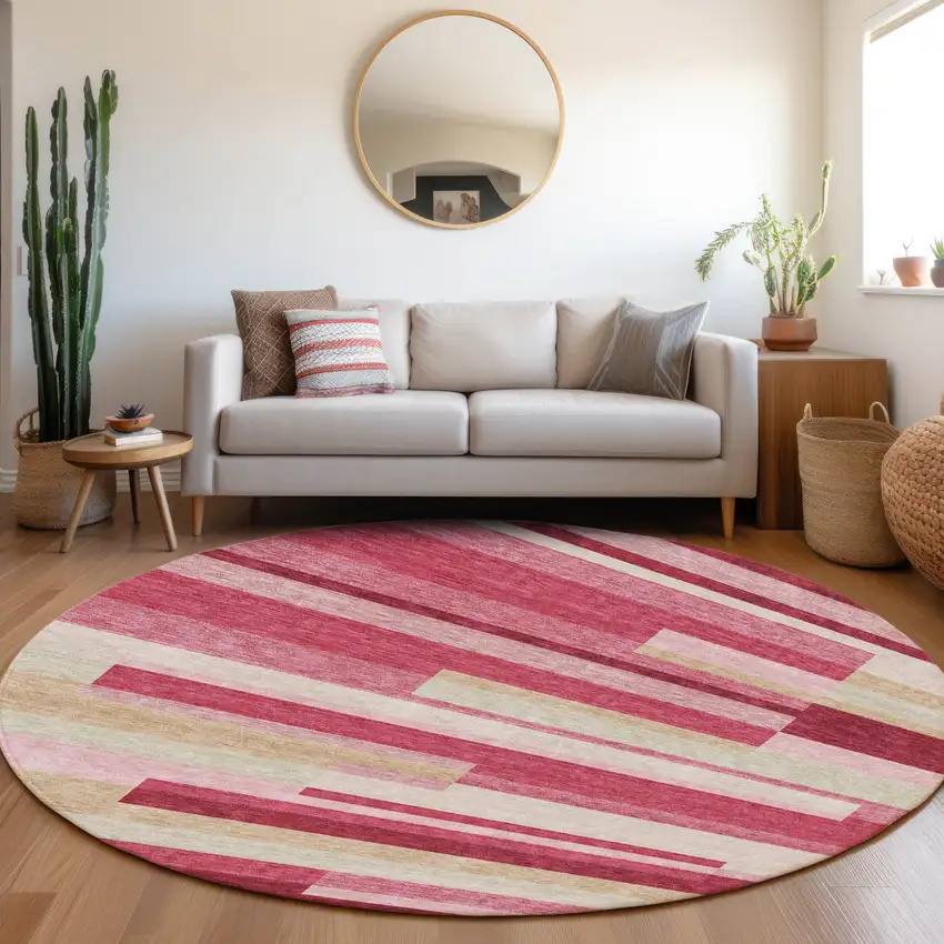 8' Blush Pink And Mauve Round Striped Washable Indoor Outdoor Area Rug Photo 8