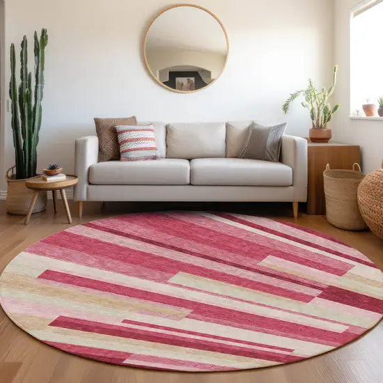 8' Blush Pink And Mauve Round Striped Washable Indoor Outdoor Area Rug Photo 8