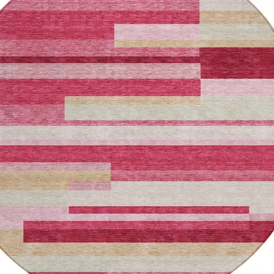 8' Blush Pink And Mauve Round Striped Washable Indoor Outdoor Area Rug Photo 5