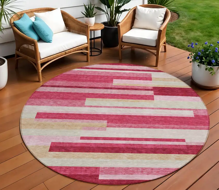 8' Blush Pink And Mauve Round Striped Washable Indoor Outdoor Area Rug Photo 1