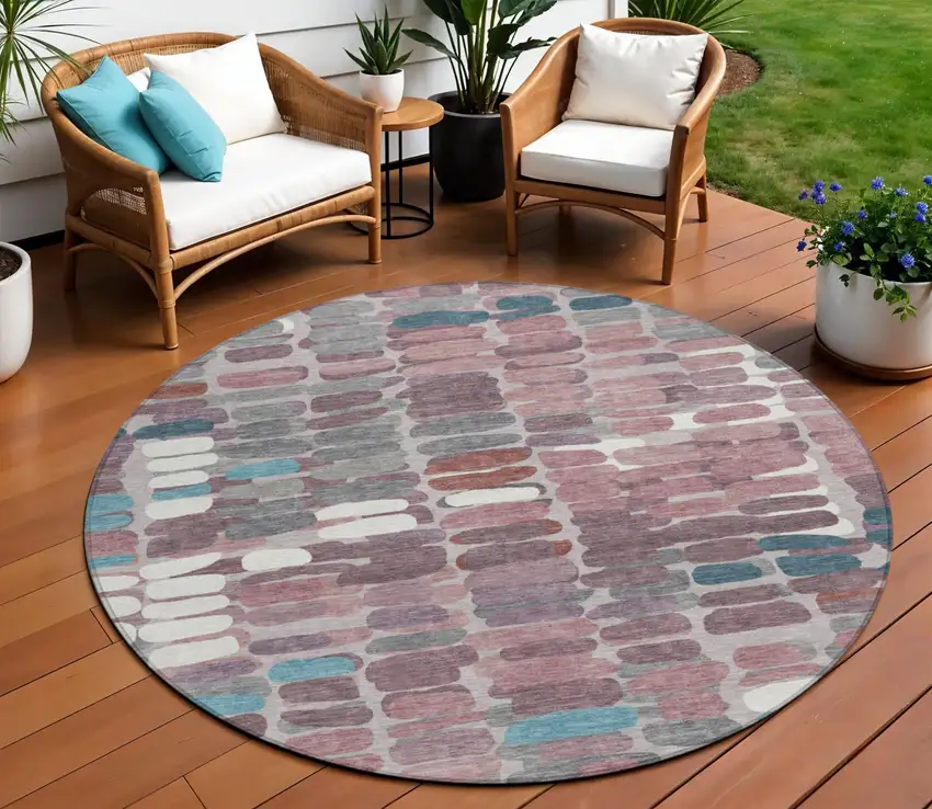 8' Blush Pink And Merlot Round Abstract Washable Indoor Outdoor Area Rug Photo 1