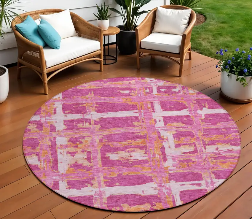 8' Blush Pink And Orange Round Striped Washable Indoor Outdoor Area Rug Photo 1