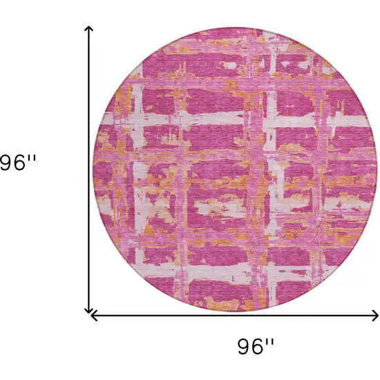 8' Blush Pink And Orange Round Striped Washable Indoor Outdoor Area Rug Photo 9