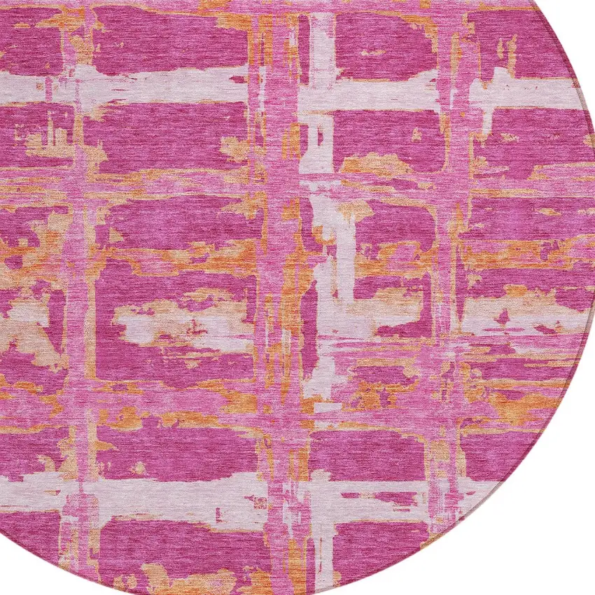8' Blush Pink And Orange Round Striped Washable Indoor Outdoor Area Rug Photo 5
