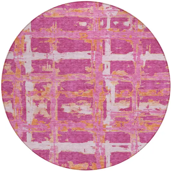 8' Blush Pink And Orange Round Striped Washable Indoor Outdoor Area Rug Photo 2